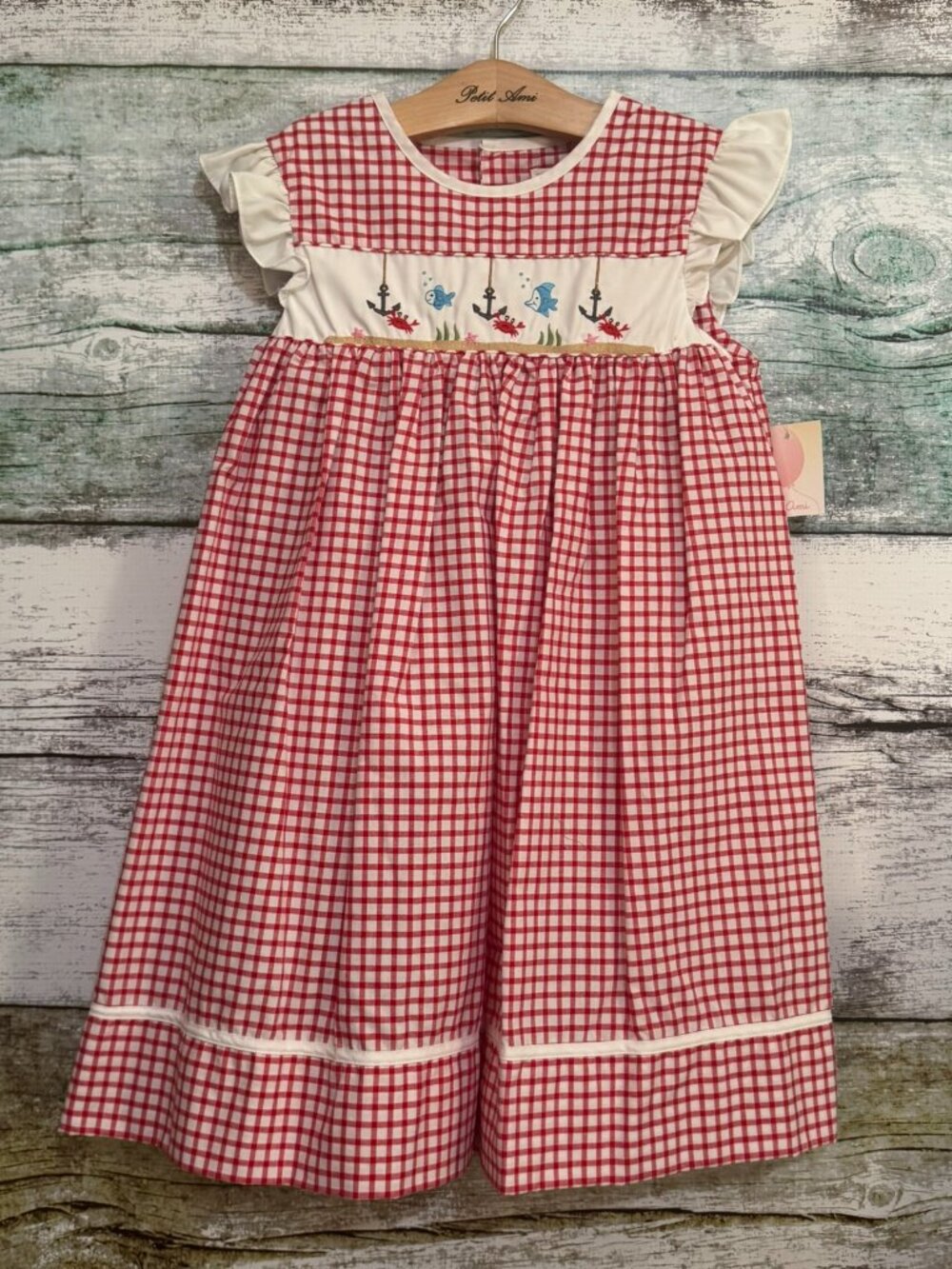 Petit Ami Red Check Anchor Fish Crab Embroidered Dress 4T